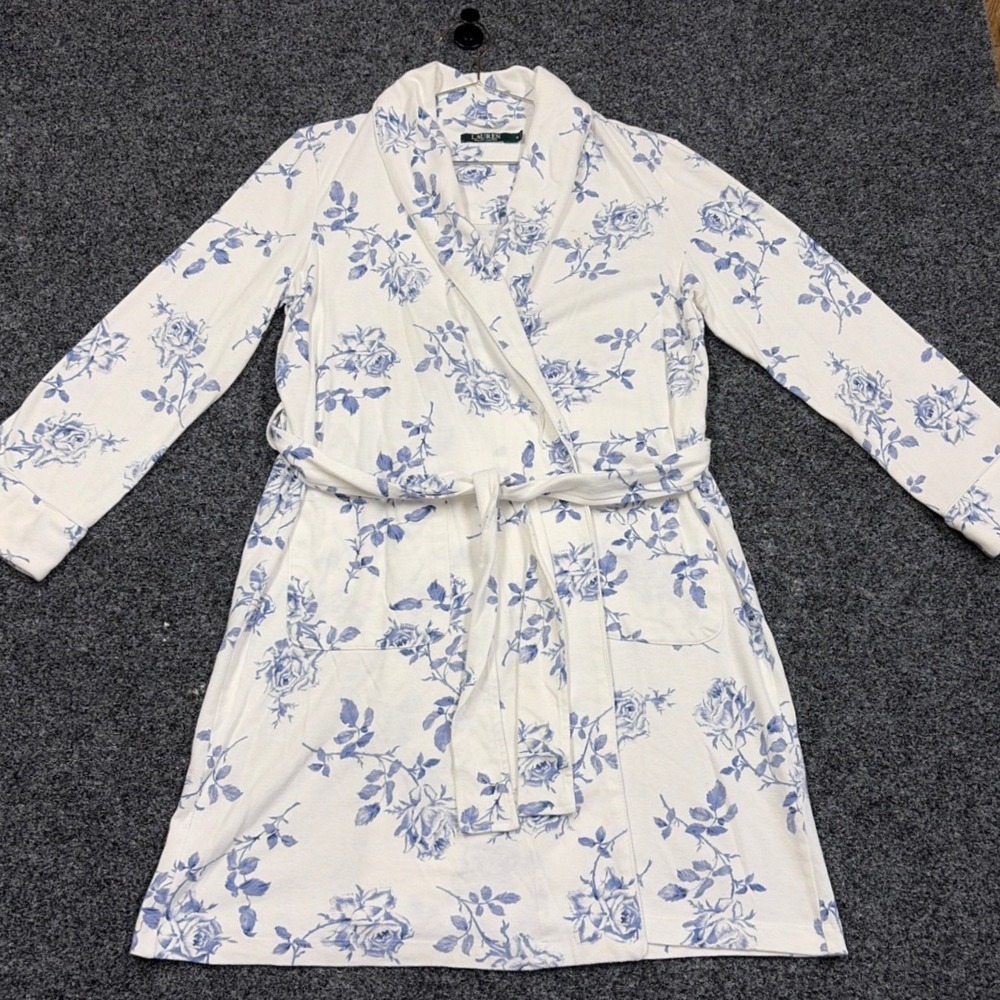 Lauren Ralph Lauren Robe Womens M White Blue Floral Cotton Blend Shawl Collar
